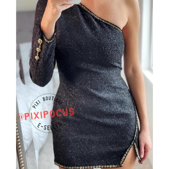 ZARA ASYMMETRIC TEXTURED GOLD BUTTON MINI DRESS BLACK - Picture 5 of 14